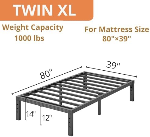 Twin XL Bed Frames with Heavy Duty Steel Slat, 14 Inches Platform Bed Frame, Non-Slip Design, No Box Spring Needed, Easy Assembly, Quiet Noise Free, Under Bed Storage Space, Black