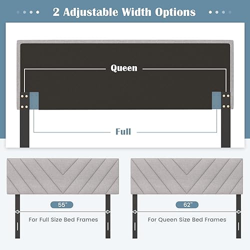 KOMFOTT Linen Fabric Upholstered Headboard for Full/Queen Size Bed, Rectangular Headboard with Solid Wood Legs & Adjustable Width, Padded Full/Queen Bed Headboard, Easy Assembly, Gray