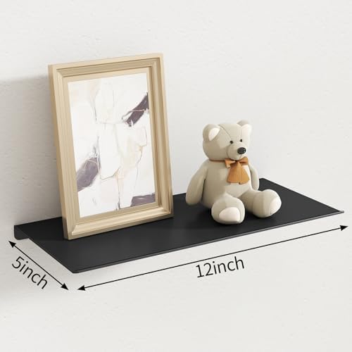 MKO 2 Pack 12" Floating Shelves for Wall, Metal Wall Mounted Shelf for Bathroom, Bedroom, Living Room, Kitchen, Little Hanging Shelves for Books/Storage/Room Decor, Black