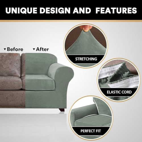 PrinceDeco Velvet Couch Cover Loveseat Covers for 2 Cushion Couch 3 Piece Sofa Covers for Dogs Washable Loveseat Covers Width Up to 72 Inch No Slip Stretch Sofa Slipcover(Medium, Seagrass)
