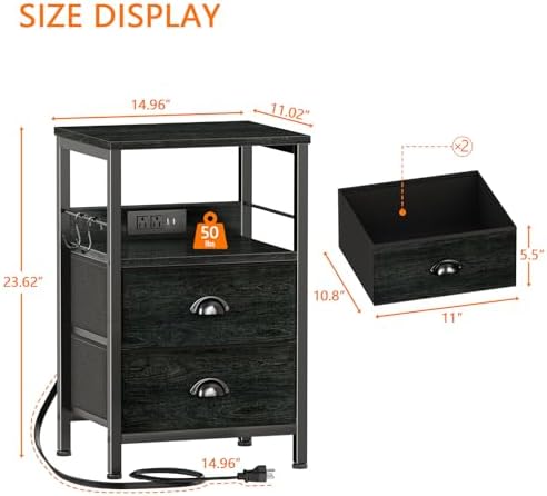 Furologee Nightstands Set of 2 with Charging Station, 2 Fabric Drawers
