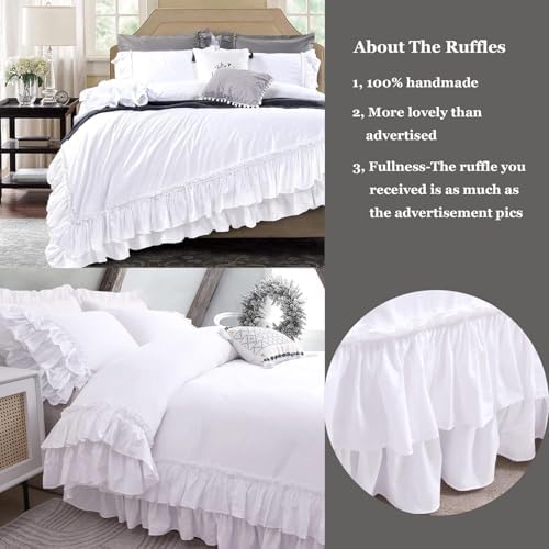Ruffle White Duvet Cover California King Size- Washed Cotton Shabby Farmhouse Chic Ruffled Bedding 3pcs(1 Soft Cotton Duvet Cover +2 Ruffle Pillowshams) Aesthetic French Country Calking Bed