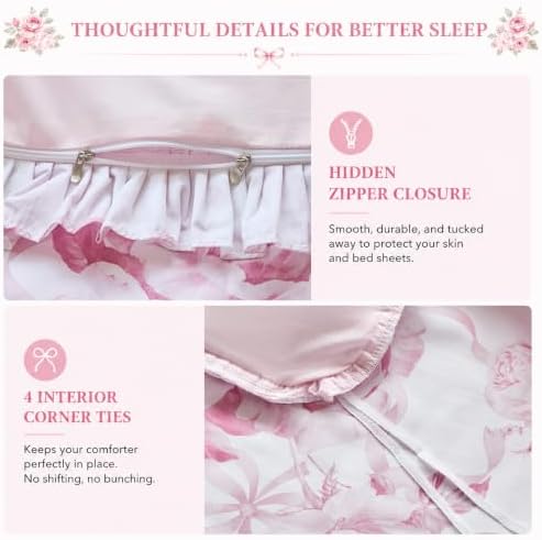 Brandream Double Ruffled Duvet Cover Set Queen, 100% Organic Cotton Pink Rose Floral Bedding, Romantic Grandmillennial Cottagecore Bedroom Decor for Women, 3 Piece