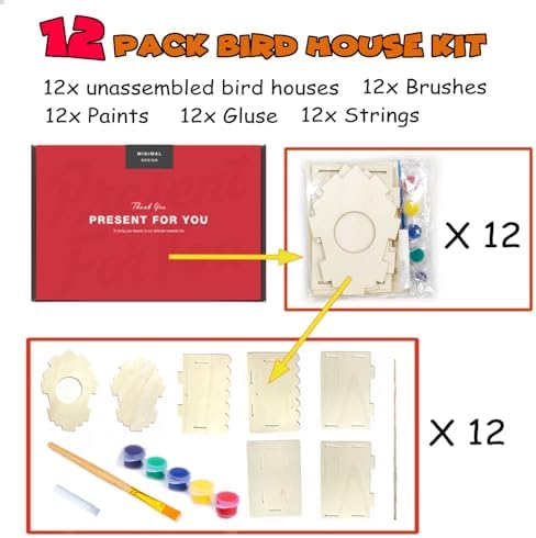hapray 12 Pack Bird House Kit for Kids, DIY Wooden Birdhouse with Paints