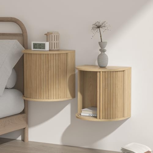 Floating Nightstand Set of 2 with Sliding Roller Shutter Doors,Wood