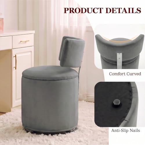 Swivel Vanity Chair with Storage, Velvet Makeup Stool with Higher Back for Living Room, Bedroom, Dressing, Grey
