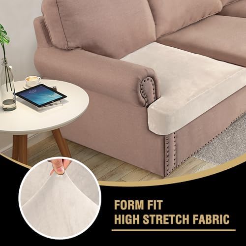 H.VERSAILTEX Stretch Velvet 2 Piece T Cushion Sofa Slipcovers for Living Room Individually Sofa Covers for 2 Cushion Seat Cushion Covers Stay with Elastic Bands (Sofa, Butter Cream)