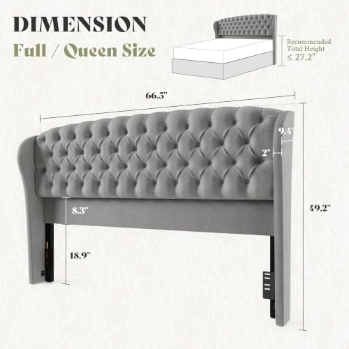AMERLIFE Full/Queen Headboard Only, Velvet Curved Wingback, Grey