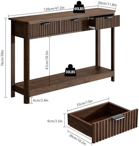 RUSTOWN Fluted Wood Console Table with 3 Drawers, 47.2" Boho Entryway Table