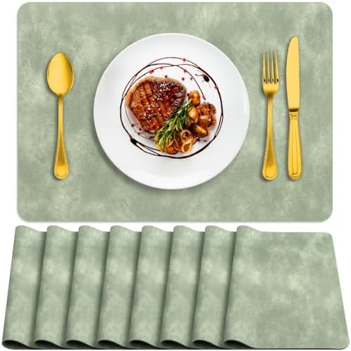 ADRIMER Fall Placemats Set of 8, Heat Resistant Faux Leather, Green