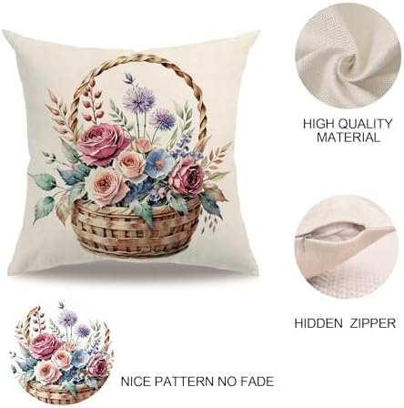 7COLORROOM 2Pack Pink Flower Pillow Covers Outdoor Garden Decoration Cushion Covers Farmhouse Rustic Colorful Spring Flower Home Décor Pillowcases 18x18 inch for Patio Sofa Bed(Pink/Blue,)
