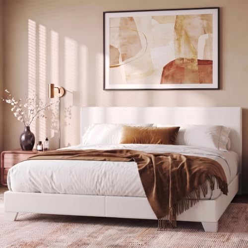 Allewie King Size Upholstered Bed Frame Adjustable Headboard, White