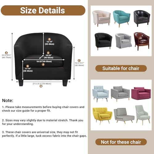 Barrel Chair Covers Slipcover, 2 Piece Black Arm Chair Cover with Chair Cushion Cover, Soft Stretch Club Chair Couch Slipcover with Arms Washable Furniture Protector for Living Room