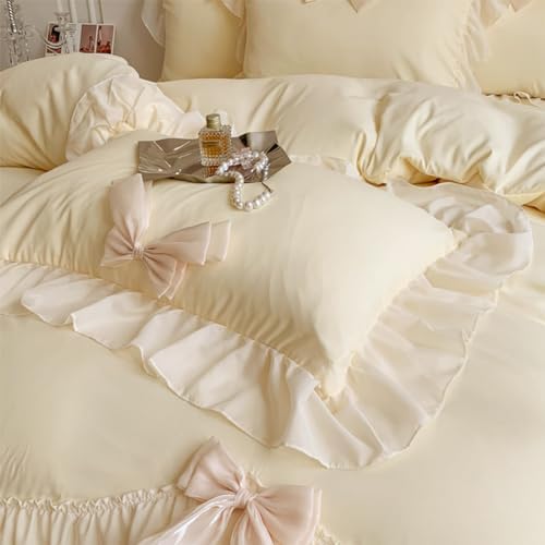 SOUKECHY Ruffled Bedding Bow Duvet Cover Set with Butterfly Tie, Full Comforter Cover Set, Shabby Chic Bedding Set,Romantic French Princess Style -Yellow,Full