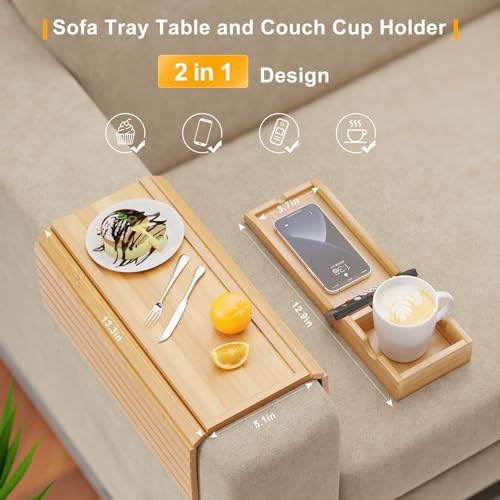 Bestjing Bamboo Couch Armrest Table with Detachable Cup Holder Tray