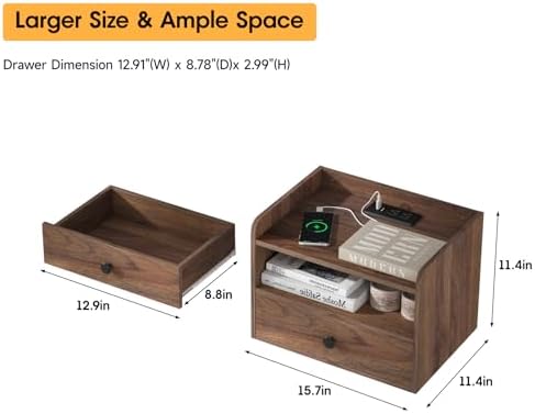 Floating Nightstand Set of 2 Modern Night Stands with Drawer and Open Shelf