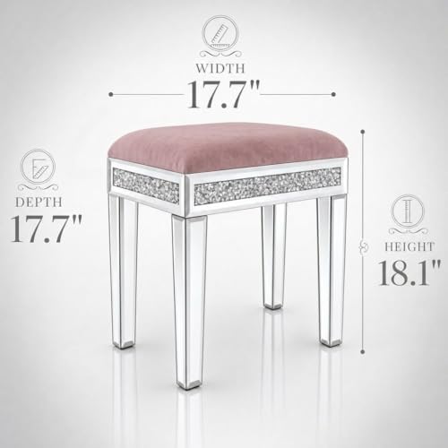 Vanity Stool with Storage Mirrored Legs, Velvet Cushioned Ottoman, Hidden Compartment, Sparkling Diamond Trim, Glam Makeup Chair & Piano Bench (Dusty Pink)
