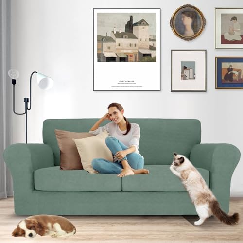 MAXIJIN 3 Piece Couch Covers for 2 Cushion Couch Sofa Cover, Stretch Loveseat Sofa Slipcovers for Sofas with 2 Large Cushions, Thick Dogs Pet Furniture Covers (71"-91", Pea Green)