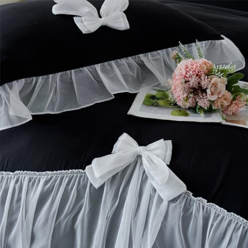 IHOUSTRIY Black Halloween Duvet Cover Full Size, Ruffle Beddding Set with Bowtie, 3 Pieces Comforter Cover Set with Zipper Closure, Girl Princess Bedding with Pillowcase - Black, Full