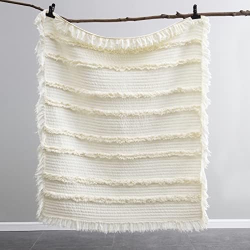 Ultra Soft Pre-Washed Warm Quilted Throw Blanket, Ruffle Fringed Cream Boho Decorative Throw, Stone Washed Chic Rustic Blanket for Sofa Couch Bed Chair, 50"x 60"