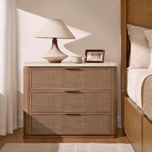 Night Stand, Rattan Nightstand with 3 Drawers