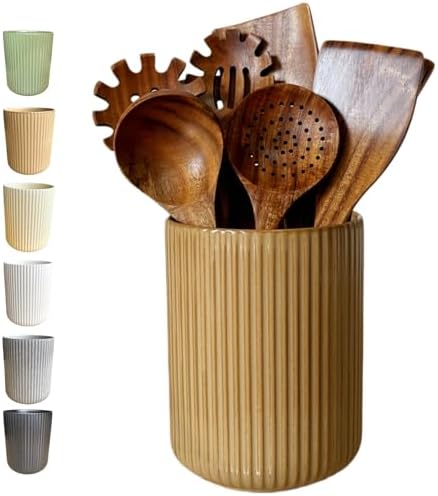 Large Stoneware Kitchen Utensil Holder for Kitchen Counter & Countertop Cooking Utensil Holder Spatula Holder Utensil Crock for Kitchen Counter Vertical Ribbed Fluted Stripe (Retro Amber)