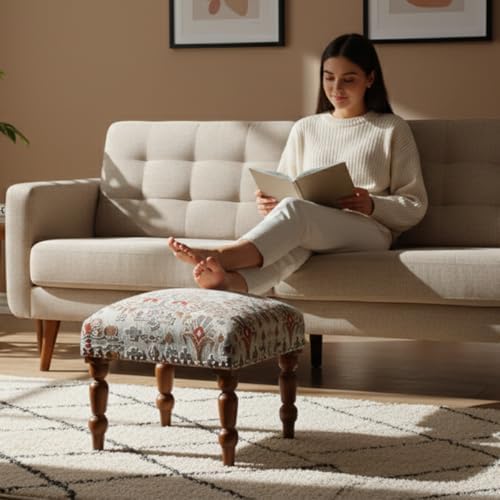 Handmade Jute Ottoman Footstool | Square Upholstered Accent Stool with Wooden Legs | Decorative Foot Rest & Seating for Living Room, Bedroom, Entryway & Hallway (Multicolor)