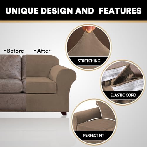 PrinceDeco Velvet Couch Cover Loveseat Covers for 2 Cushion Couch 3 Piece Sofa Covers for Dogs Washable Loveseat Covers Width Up to 72 Inch No Slip Stretch Sofa Slipcover(Medium, Mocha)