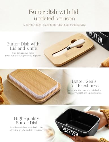 Ceramic Butter Dish with Lid and Knife & Silicone Seal for Countertop Black