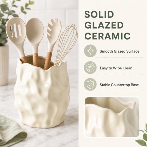 Ceramic Utensil Holder for Kitchen Countertop, 6 Inch, Cream White