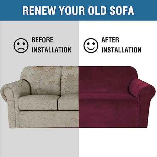 H.VERSAILTEX Stretch Velvet Sofa Covers Large Couch Covers Sofa Slipcovers Furniture Protector Soft with Non Slip Elastic Bottom, Feature Thick Comfy Rich Velour (Extra Wide Sofa 98"-105", Burgundy)