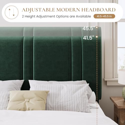 SHA CERLIN Full Size Velvet Bed Frame with Adjustable Headboard, Green