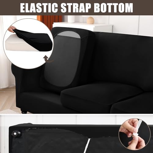 SearchI Stretch Sofa Cover Couch Cover, 3 Pieces Loveseat Slipcover with 2 Separate Cushion Cover, Washable Furniture Protector for Living Room(Loveseat, Silver Black)