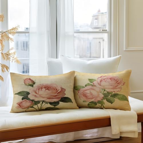 Decorative Romantic Rose Flower Pillow Cover Vintage Shabby Chic Peach Pink Rose Floral Rectangular/Waist Cushion Cover Cotton Linen Pillowcase for Sofa Bedroom Car 12x20 Inch Set of 2 (12”×20”)
