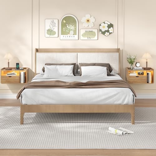 Maupvit Wood Floating Nightstand Set of 2, Wall Mounted Night Stand with Drawer and Charging Station, Bedside Table with Open Shelf, Led Nightstand for Bedroom, Easy Assembly