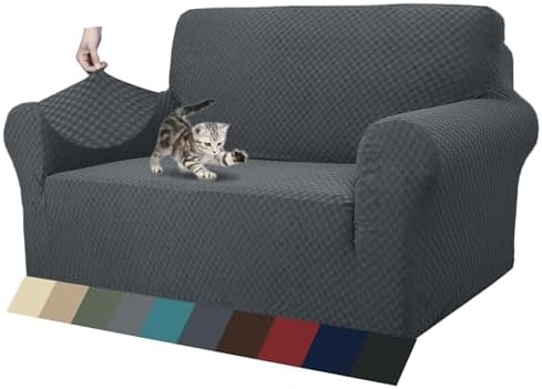ZNSAYOTX 1 Piece Jacquard Couch Covers for 2 Cushion Couch High Stretch Loveseat Slipcover for Pets Dogs Anti Slip Love Seat Sofa Slipcover Furniture Protector (Loveseat, Dark Grey)