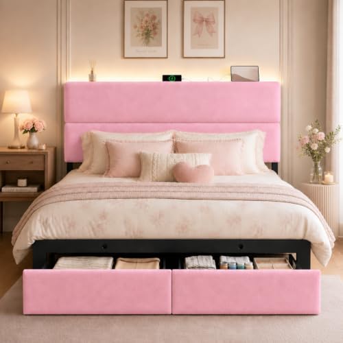 Queen Bed Frame with 2 Storage Drawers, Pink Velvet Upholstered