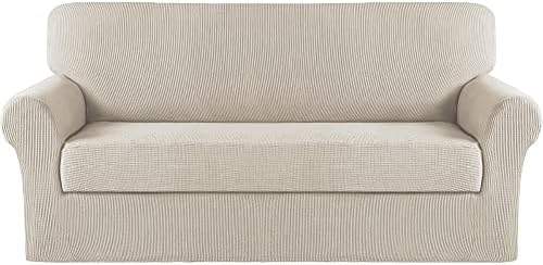 Turquoize Stretch Sofa Slipcover 2 Pieces Sofa Cover Couch Cover for 3 Cushion Couch Washable Furniture Protector Covers with Elastic Bottom Feature Thick Jacquard Fabric (Sofa, Island Fossi)