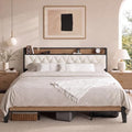 ANCTOR King Size Bed Frame with Headboard & Charging Station,Wood and Cream