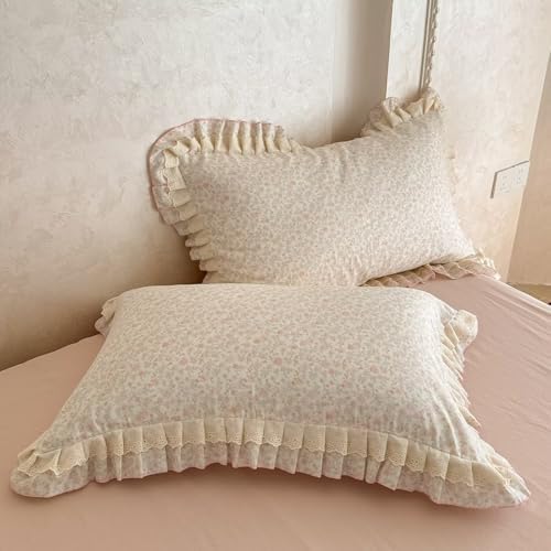 BuLuTu French Cottage Pink Floral Duvet Cover Twin, Lace Bedding Set for Teens Girls Ruffled Duvet Cover, Soft Breathable Muslin Cotton Comforter Cover with Zipper Closure, 4 Ties