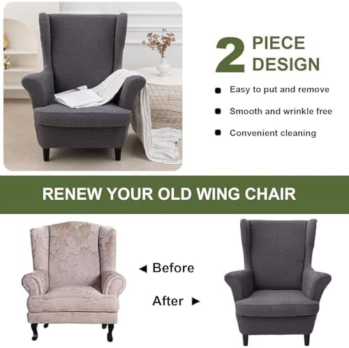 HAOYONG 2 Piece Wingback Chair Covers Stretch Wing Chair Slipcover Jacquard Wing Back Chair Covers with Arms Washable Armchair Cover Protection Furniture for Living Room and Bedroom (Dark Gray)