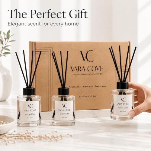 Reed Diffuser Set 3 Pack Premium Reed Diffusers Amber Mist, Crisp Cedar & Forest Moss Scents Long Lasting Home Fragrance Gift Set for Bathroom, Home & Office