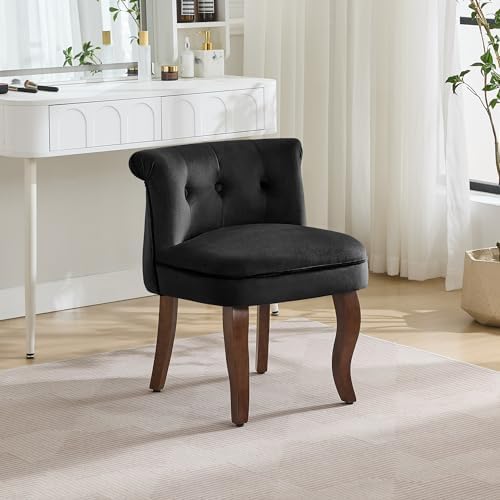 WUTUTUEE Velvet Vanity Chair with Back, Tufted Upholstered Vanity Stool with Solid Wood Legs, Mid Century Small Makeup Chair for Vanity, Accent Chair for Bedroom, Living Room, Black