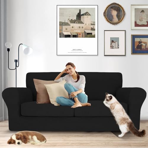 MAXIJIN 3 Piece Couch Covers for 2 Cushion Couch Sofa Cover, Stretch Loveseat Sofa Slipcovers for Sofas with 2 Large Cushions, Thick Dogs Pet Furniture Covers (71"-91", Black)