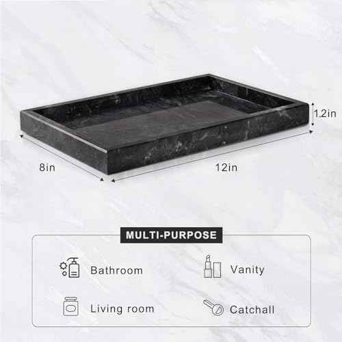 Marble Bathroom Tray for Countertop & Home Decor, Natural Decorative Marble Tray for Jewelry & Perfume Organizer, Luxury Stone Vanity Trays for Dresser, Kitchen Counter, 12" x 8", Gray Black