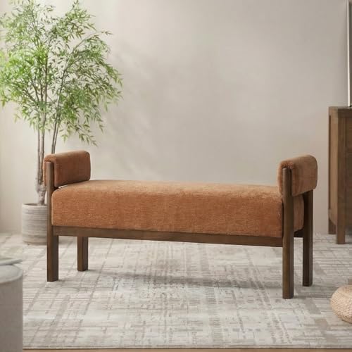 VKNOW 51.8”End of Bed Bench Upholstered Bedroom Bench with Arms, Orange