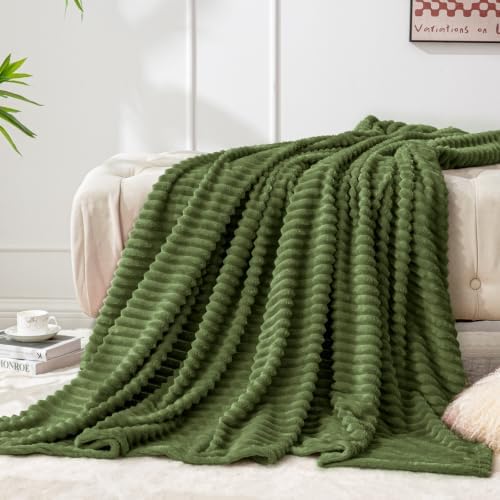 BEDELITE Ribbed Moss Olive Green Fleece Throw Blanket for Couch, 50x60 Inch