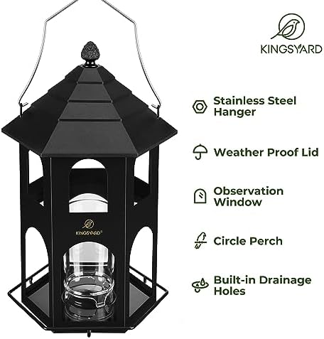 Kingsyard Metal Bird Feeder for Outdoor Hanging, Wild Bird Feeders with Circular Perch, Easy to Clean & Refill, 4 lbs Large Seed Capacity, Black