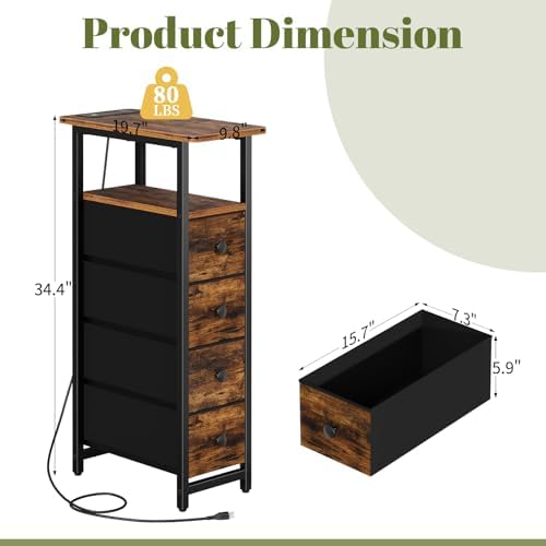 Yoobure Narrow Nightstand with Charging Station, LED Tall Narrow Side Table