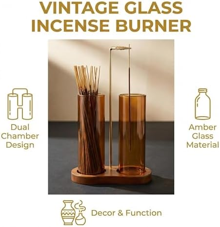 Amber Glass Incense Holder, Colorful Incense Sticks Burner Holder with Storage,Hang Upside Down Incense Holder for Sticks with Glass Ash Catcher for Meditation Yoga Spa Room Decor (Amber)